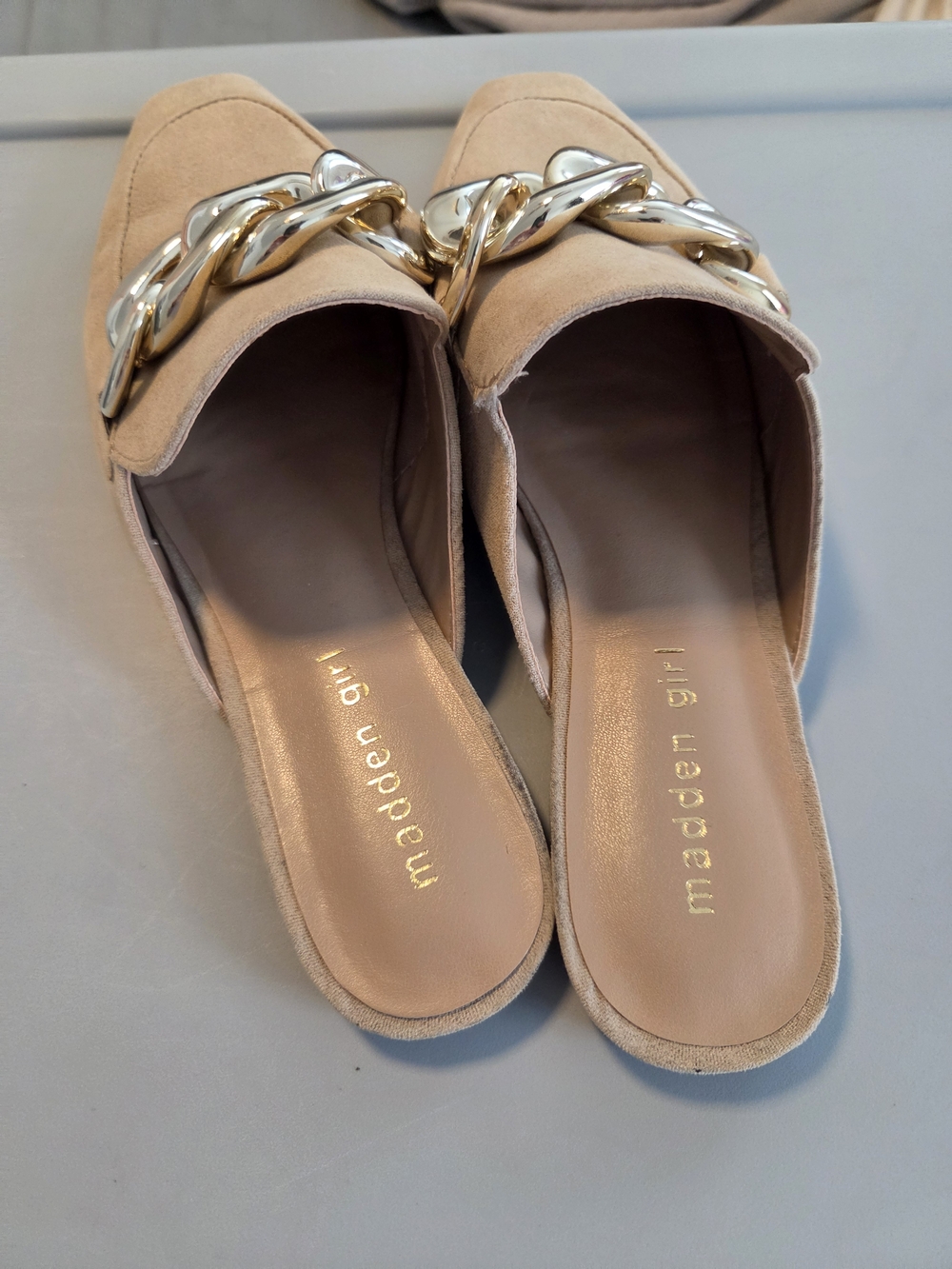 Madden Girl Beige Suede Chain-Accent Women's Mules - Picture 2 of 3